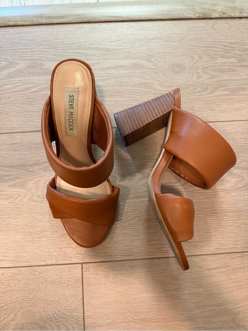 Steve Madden Tan Cognac Leather Double-Band Block Heel Sandals - Picture 2 of 3